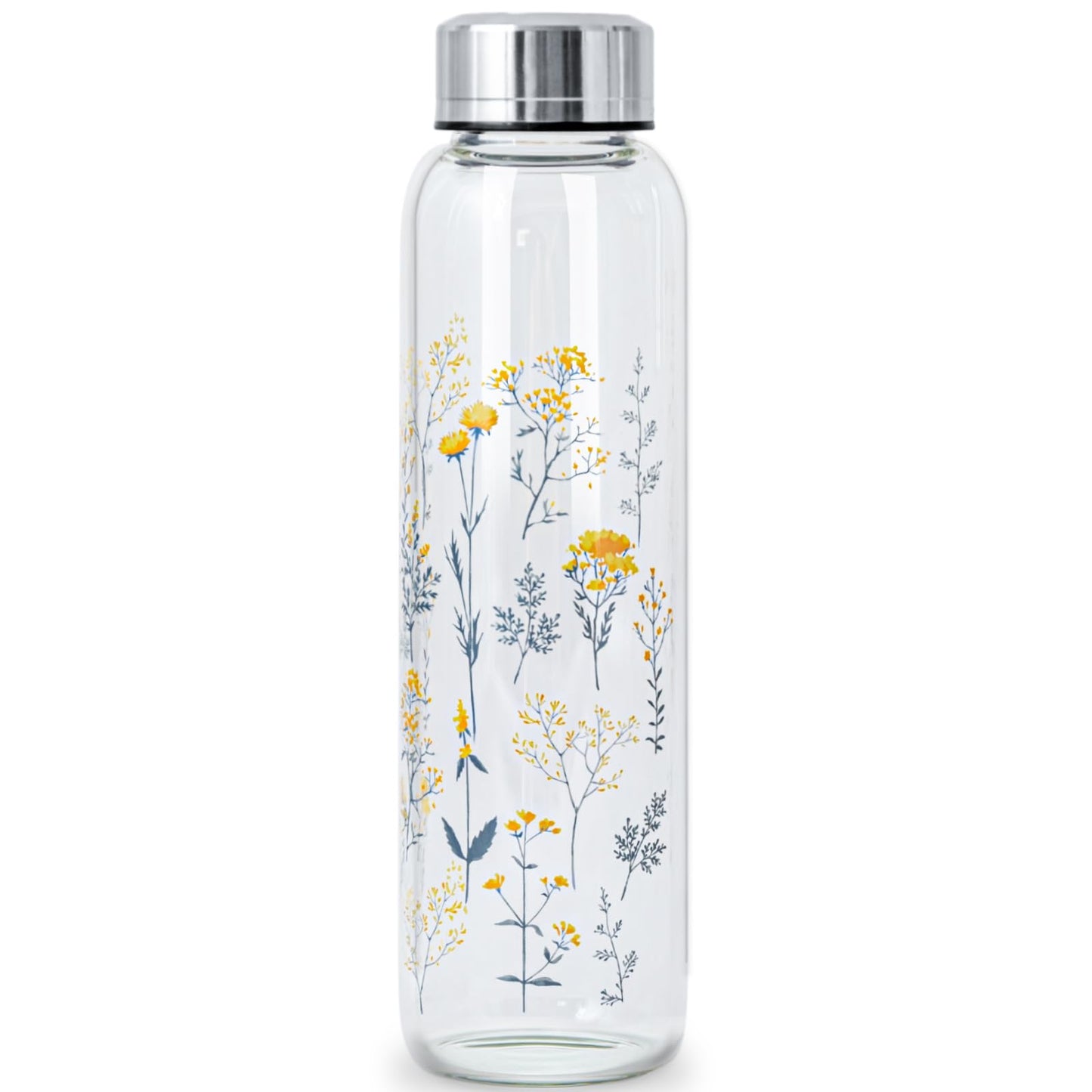 WENLIM Clear Water Bottle 16 oz BPA Free Glass Drinking Bottle for Juice with Stainless Steel Lid and Neoprene Sleeve (16 ounce, Scattered Flowers)