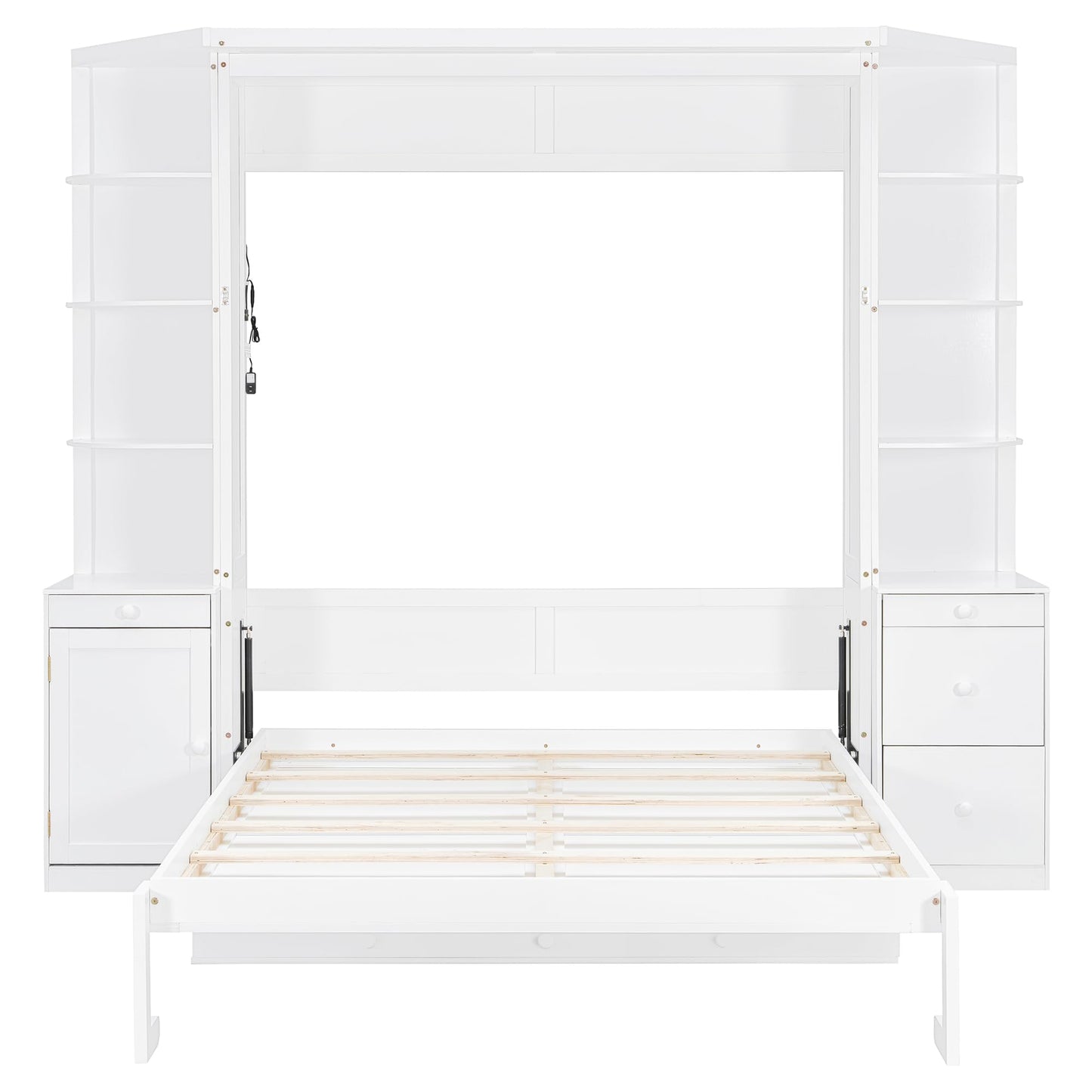 Merax Queen Murphy Bed with Desk and Storage, Hidden Wall Bed with Foldout Workstation, Shelves and Cabinets for Space-Saving Home Office, White