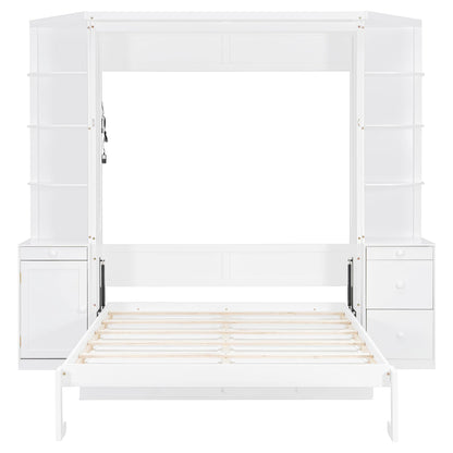 Merax Queen Murphy Bed with Desk and Storage, Hidden Wall Bed with Foldout Workstation, Shelves and Cabinets for Space-Saving Home Office, White