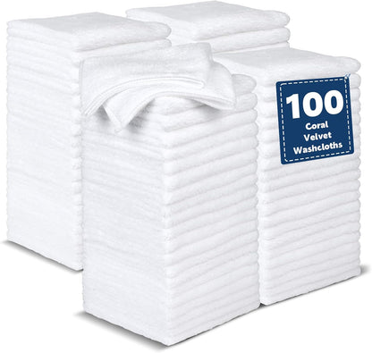 TEAWOO -100 Pack, 12 12 inches Coral Velvet Washcloths Bulk Highly Absorbent and Soft White Face Towels, Multi-Purpose