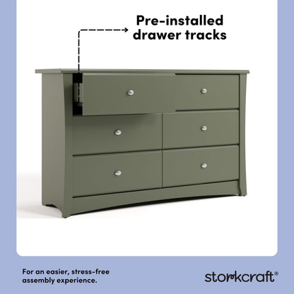 Storkcraft Crescent 6-Drawer Dresser (Olive) – GREENGUARD Gold Certified, Green Dresser for Bedroom, Kids & Nursery Storage Chest, Safety Interlocking Drawers, Pre-Installed Tracks, Kids Chest