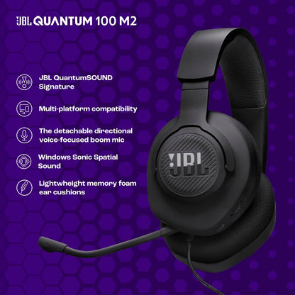 JBL Quantum 100M2 - Wired Over-Ear Gaming Headset with omnidirectional, Detachable mic with Mute Option and Fabric-Covered Memory Foam Ear Cushions, Compatible with All Platforms (Black)
