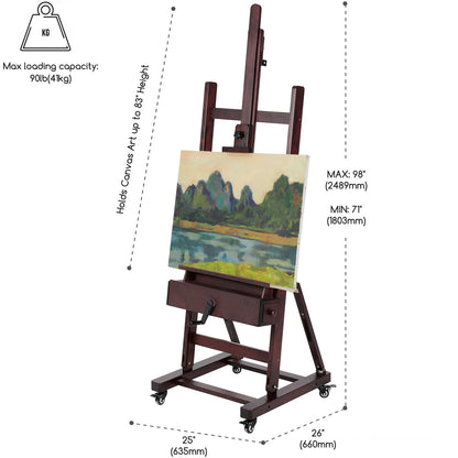 MEEDEN Extra-Large Art Painting Easel - Professional Artist Crank With Height Adjustable 71" to 98" - Heavy Duty Beech Wood Studio H Frame Stand for Painting Canvas up to 83"