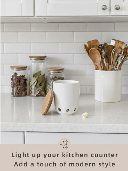 LEETOYI Ceramic Garlic Keeper for Counter, Garlic Holder with Wood Lid, Garlic Container for Kitchen, Garlic Saver to Keep Your Garlic Cloves Fresh Longer (White)