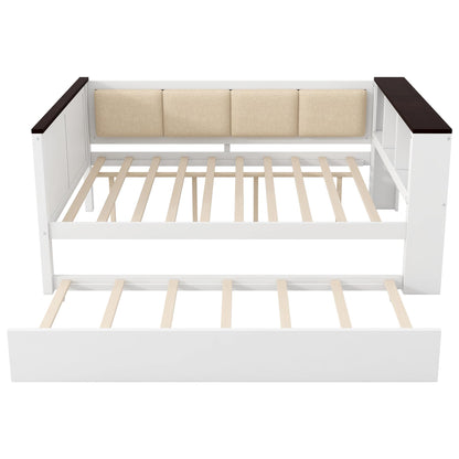 Ball & Cast Daybed with Trundle,Wood Full Size Daybed W/Storage Shelves and Upholstered Backrest & USB,Space Saving,No Box Spring Needed,Bedroom for Student Dorms,White