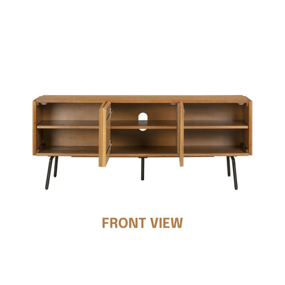 NTC Veil TV Stand with 3 Doors for TVs up to 60’’, Media Console with Vertical Groove Design and Metal Legs, Modern Entertainment Center for Living Room and Bedroom, Effortless Assembly, Teak Look