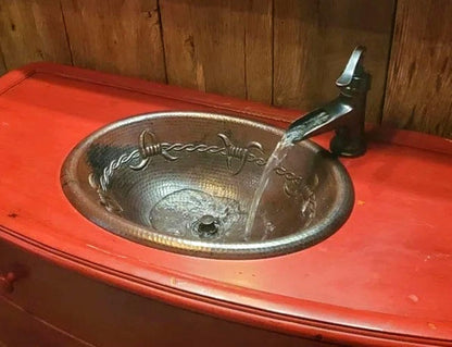 SimplyCopper 19" x 14" Oval Copper Bath Sink with Barbed Wire Design 7" Faucet and Lift & Turn Drain Included