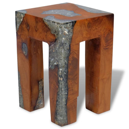 GOLINPEILO Unique Stool Solid Teak Wood and Resin 11.8" x 11.8" x 15.7", Fully Handmade Wooden Bench Solid Wood Dining Bench Rustic Home Décor Furniture, Rustic Wooden Entryway Bench(Style A)
