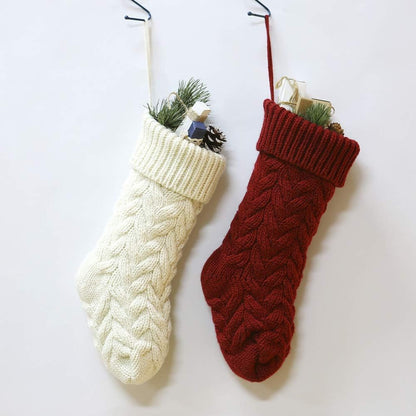 Set of 2 Crochet Knitted Christmas Stockings, Large 46CM Red White Cable Knit for Home Decor