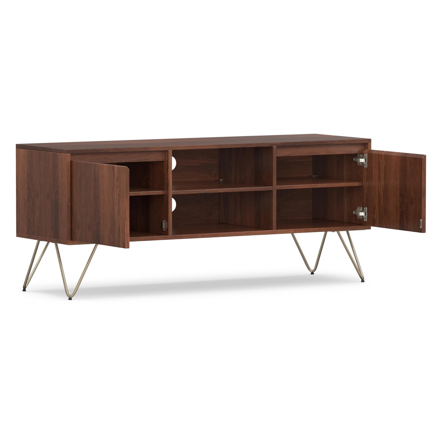 SIMPLIHOME Hunter TV Stand - 60 inch Wide Solid Mango Wood Media Console in Umber Brown and Gold, Industrial Entertainment Center for Living Room for TVs up to 65 Inches with Metal Hairpin Legs