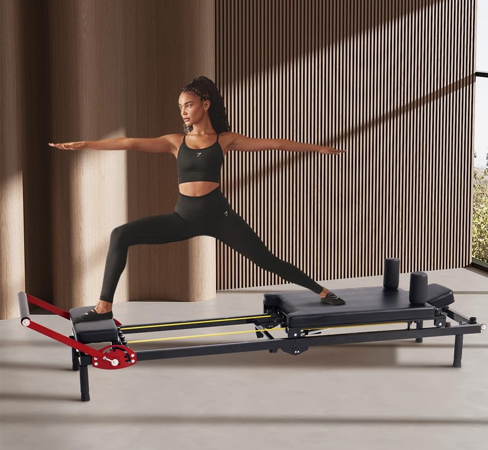 Home Gym Pilates Reformer Machine, Quick-Assembly Foldable Pilates Reformer, Up to 330lbs Weight Capacity, Pilates Equipment with Adjustable Resistance