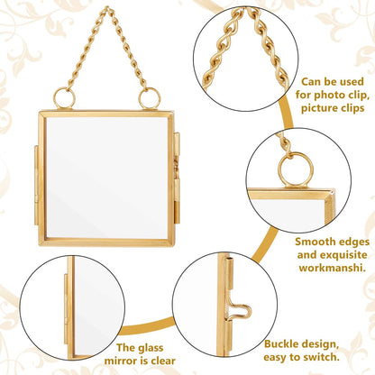 OLYCRAFT 6pcs Gold Mini Glass Hanging Frame 2.1x2.1 Inch Gold Metal Picture Frames Clear Double Glass Floating Frames Hanging Artwork Display Frame for Pressed Flowers Leaf and Artwork