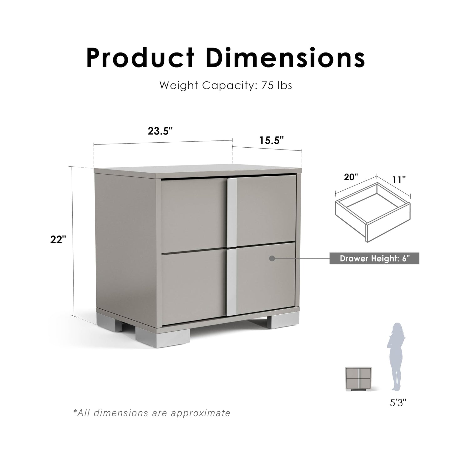 Furniture of America Alistair Modern Wood Nightstand with 2 Drawers and Vertical Chrome Handles, Large Bedside Table, Wooden Night Stand for Bedroom, Guest Room, Dorm, No Assembly Needed, Light Taupe