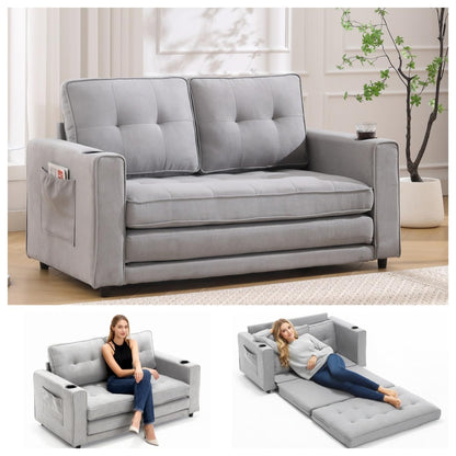 Trygoal Convertible Sofa Bed, Folding Loveseat Sleeper Sofa Bed with Pillows,Fold Out Floor Couch with Cup Holder, Fabric Pull Out Sleeper Couch Bed for Living Room, Bedroom Lounge, Light Gary