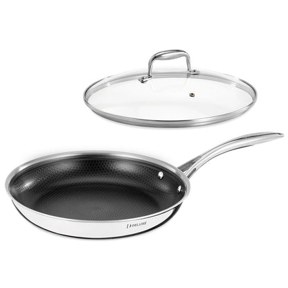 DELUXE Hybrid Ceramic Nonstick 12-Inch Fry Pan with Tempered Glass Lid, Skillet with Stay-Cool Handles, Dishwasher&Oven Safe, PFOA Free Compatible with All Cooktops