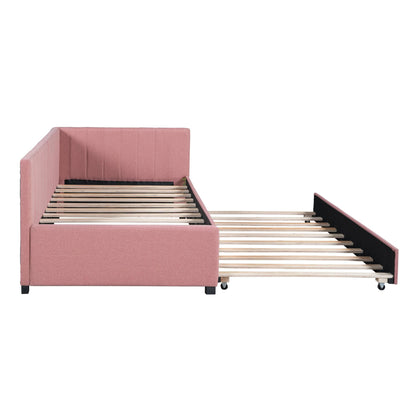 Acosure Twin Size Upholstered Linen Daybed with Twin-Size Trundle,Sofa Bed Frame W/Slat Support and Back & Armrest,No Box Spring Needed,for Apartment,Bedroom,Guest Room,Pink