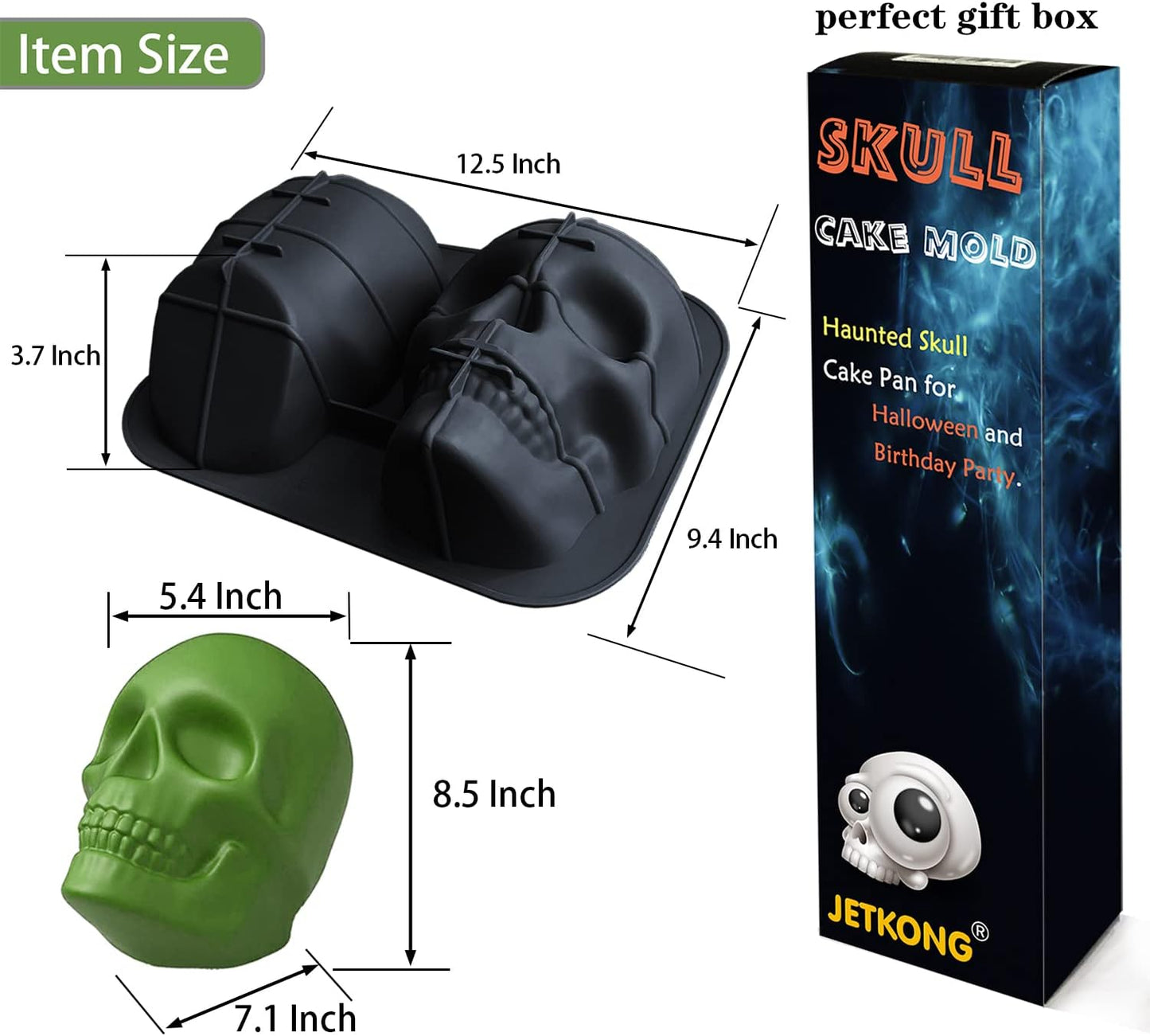 JETKONG Extra Large Silicone Skull Cake Mold, Haunted Skull Baking Cake Pan for Halloween and Birthday Party