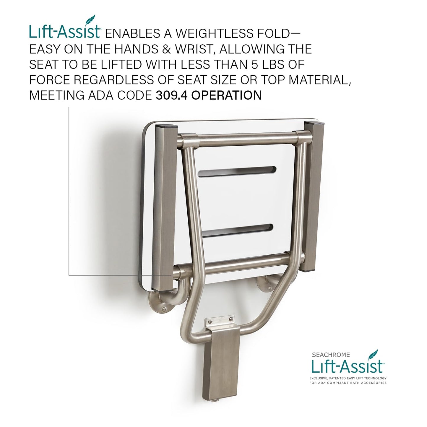 Seachrome Lift-Assist Shower Seat, Yoke-Style Bench, Wall Mount, 22" x 15", Solid White Phenolic