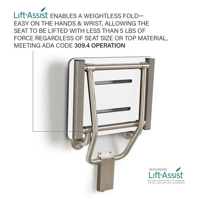 Seachrome Lift-Assist Shower Seat, Yoke-Style Bench, Wall Mount, 22" x 15", Solid White Phenolic