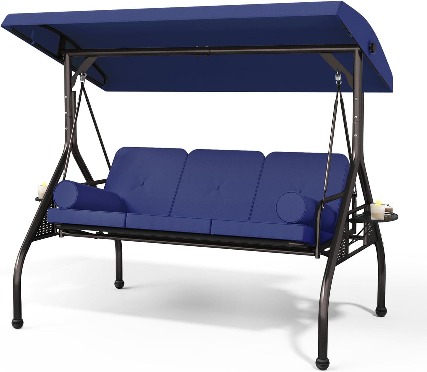 Patiomore 3 Seat Outdoor Porch Swing Bench, Adjustable Canopy Swing Chair, Convertible Backrest Swing Bed with Pillow & Cup Hold and Thicken Cushions, Dark Blue