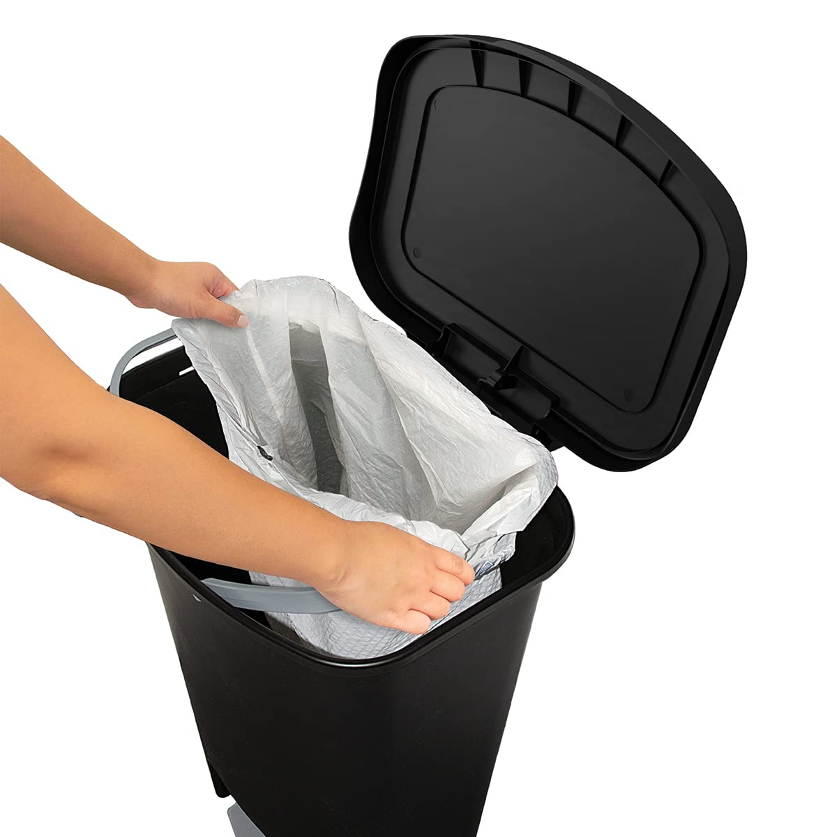 Glad Premium 20 Gallon Trash Can - Plastic Kitchen Waste Bin with Odor Protection of Lid, Stainless Steel Step On Foot Pedal and Garbage Bag Rings, Black
