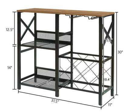 MNEETRUNG Wine Bar Cabinet, Rustic Freestanding Wine Rack with Glass Holder and Fence, Bar Cabinet with 2 Tier Storage, Liquor Shelf for Home Bar, Rustic Brown
