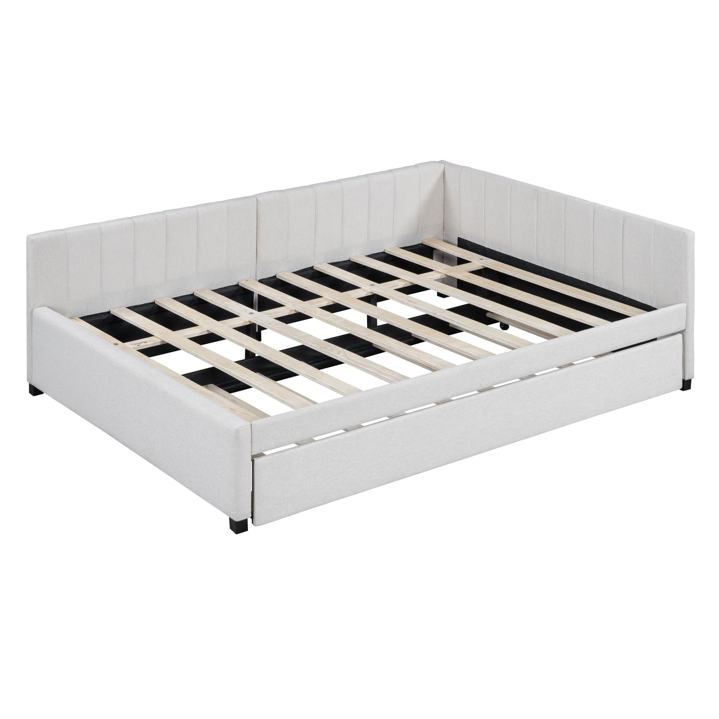 PVWIIK Full Size Upholstered DayBed with Trundle & Modern Style for Adult,Kids,Bedroom,L-Shaped Bedframe,Beige