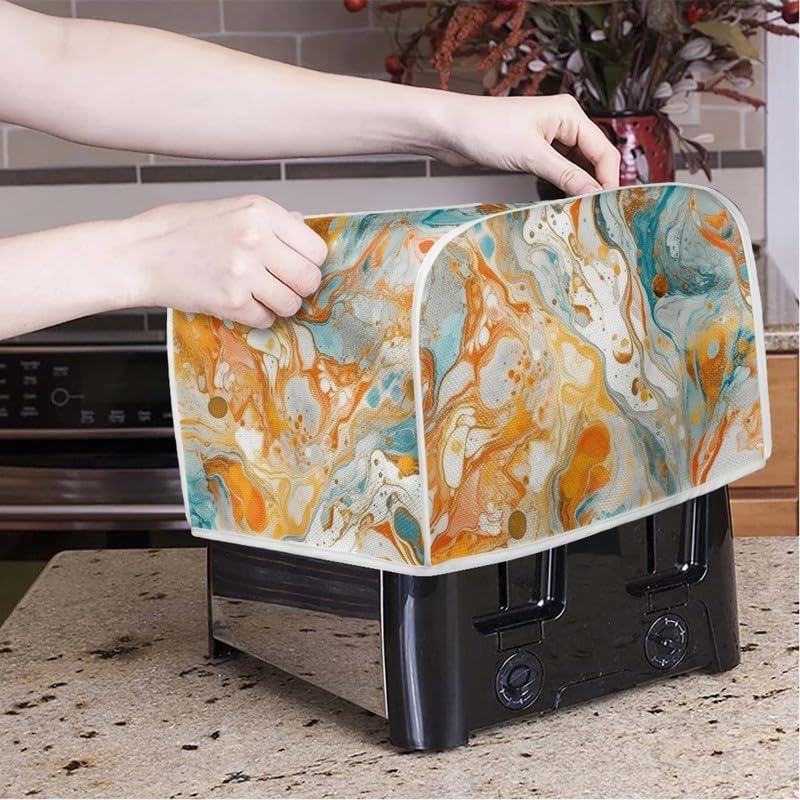 2 Slice Toaster Cover, Gold Cyan Marble Appliance Cover, Abstract Art Fluid Painting Universal Fit Wide Slot