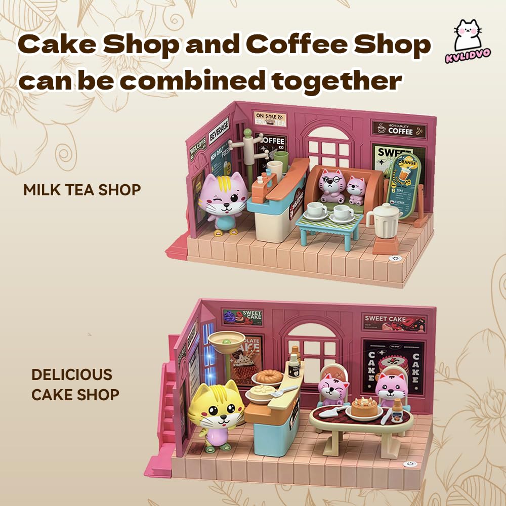 kvlidvo Koko's Cat Town DIY Miniature House Kit,Tiny Pink House Series–Cake Shop Building Kit,Dollhouse for 3 and up, Dollhouse Building Kit with Cats,Cat Toys Gift for Girls Boys Teens Kids Ages 3+