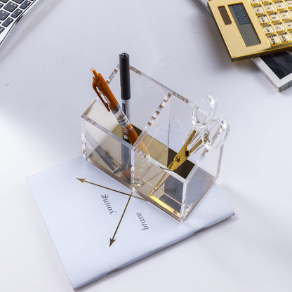 Mouchoi Modern Acrylic Pen Holder with 2 Compartments Gold Base, Multifunctional Pencil Holder for Desk Gold Mirror, Makeup Brush Holder, Marker Holder for Office, Classroom, Home