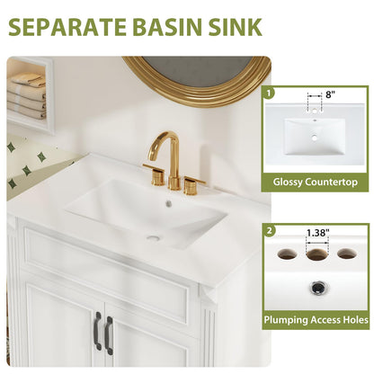 Sweetcrispy 30" Bathroom Vanity with Sink, Bathroom Storage Vanity Sink with 2 Doors, Farmhouse Wooden Free Standing Bathroom Cabinet with Sink, Easy Assembly, NO Mirror Faucet, Ivory White