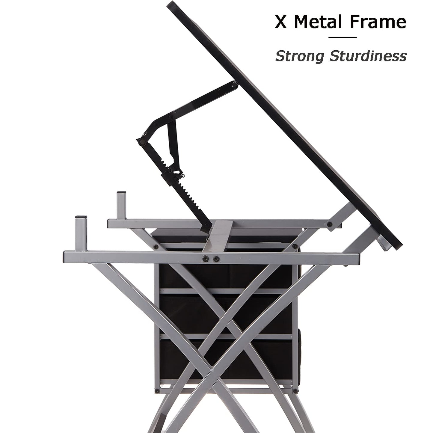 Adjustable Drafting Table for Artists with Stool, Sturdy X-Cross Metal Frame Drawing Table with Storage Drawers, Art Desk with Tilted Tabletop, Craft Station Writing Computer Desk, Black