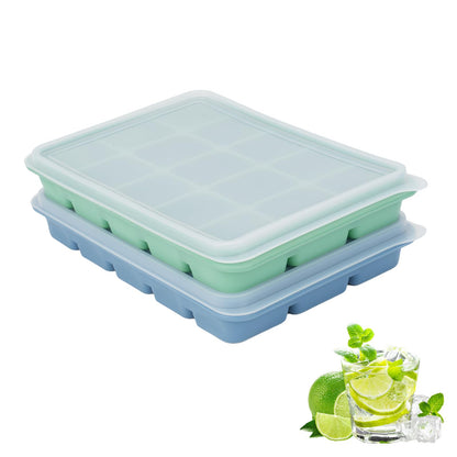 Ice Cube Trays with Silicone Lid, 15 Grid Square Ice Tray Easy Release Stackable Ice Cube Mold, 2 Pack (Grey Blue+Green)