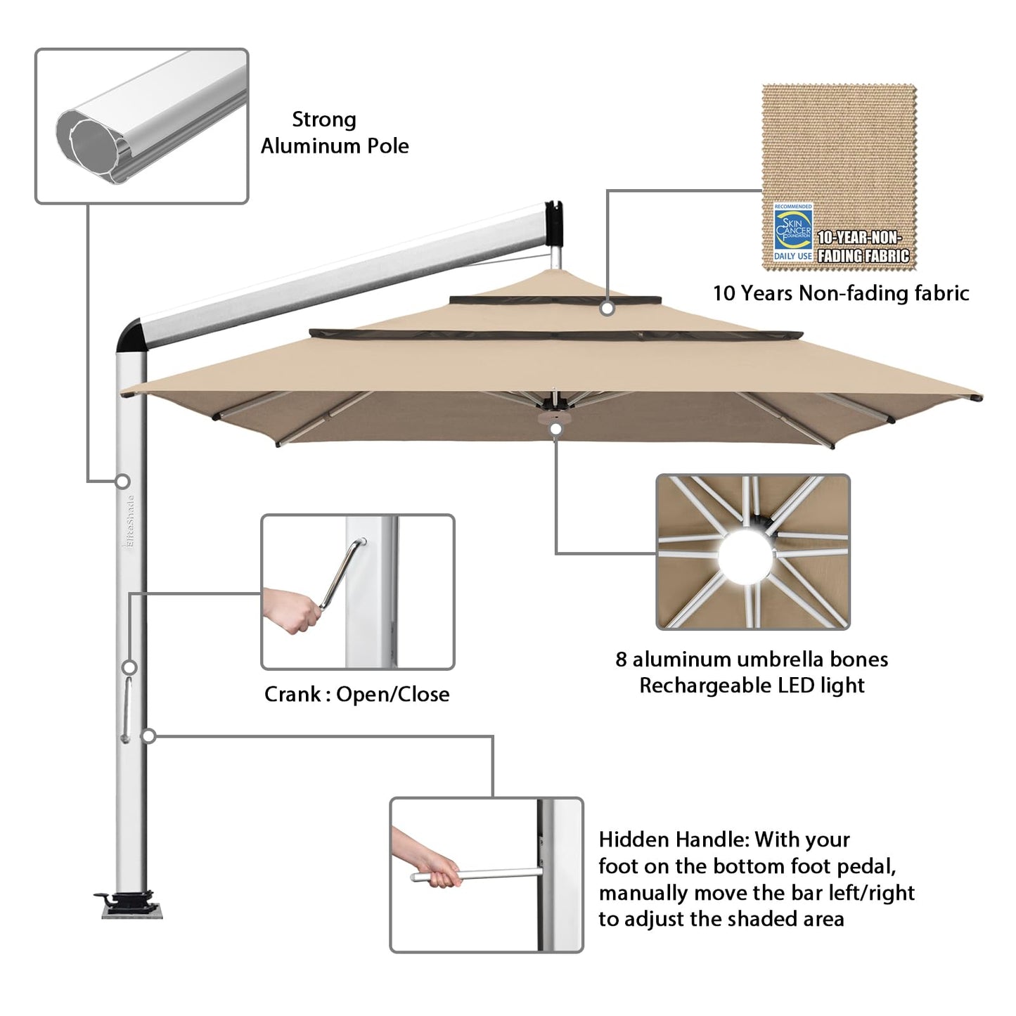 EliteShade USA Atlas 3-Tier 10x10FT Full Aluminum Cantilever Patio Umbrella for Outdoor restaurant Garden Courtyard Deck Pool and Marketing with Light,Heather Beige