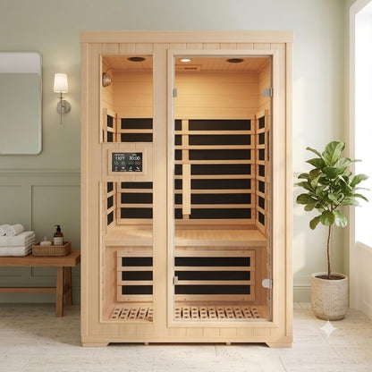 2 Person Indoor Home Infrared Sauna Room for Home Gym, Canadian Hemlock Wood, 616 * 220mm Red Light Beauty System, Fast Heating to 140°F, 110V/1800W, Bluetooth MP3, Gift for Family