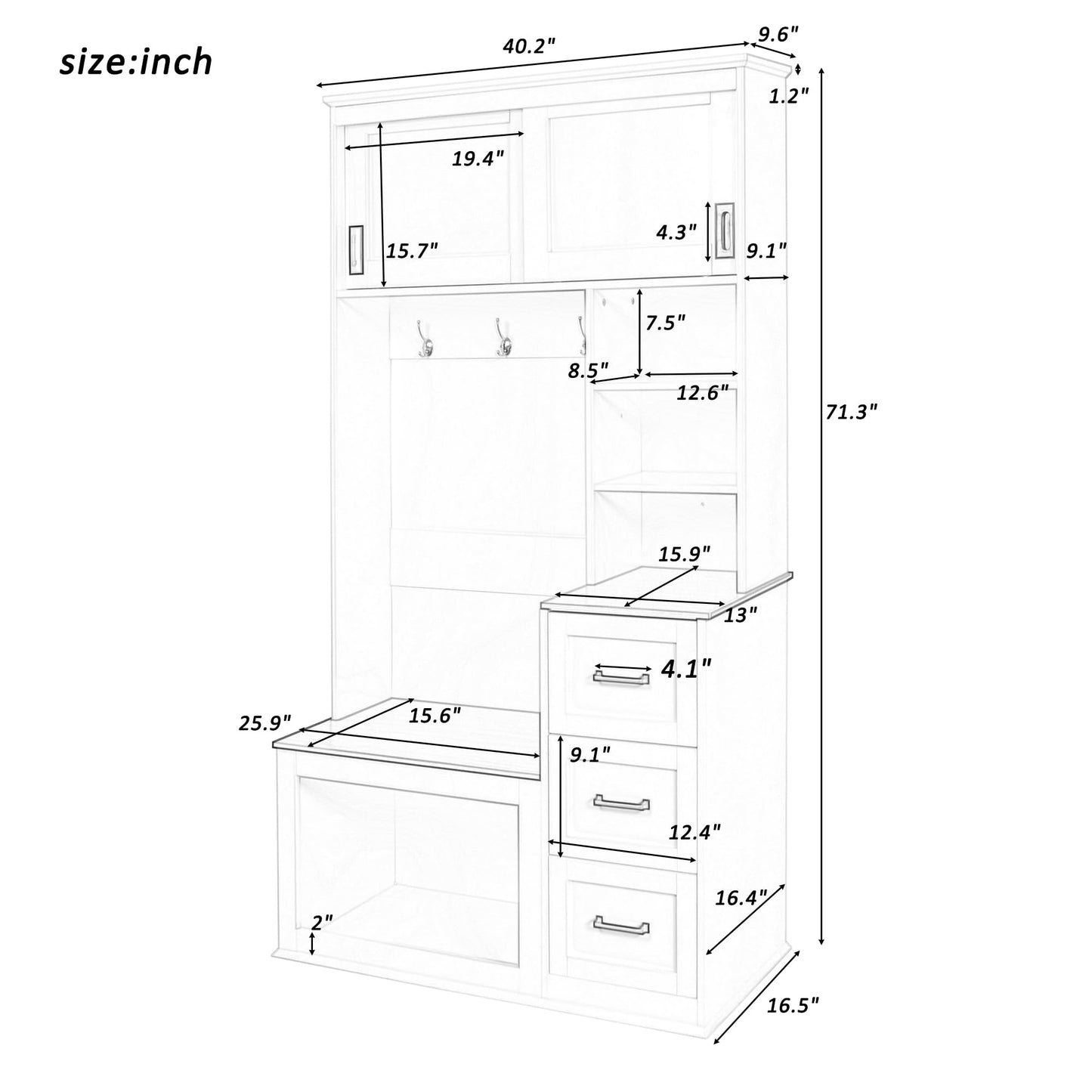 Virubi Modern Entryway Shoe Bench with Coat Rack & Storage – 40.2" Wide Hall Tree with 3 Hooks, 3 Drawers, Shelves & Seating for Hallway, Living Room – Sturdy White/Wood Finish, Easy Assembly