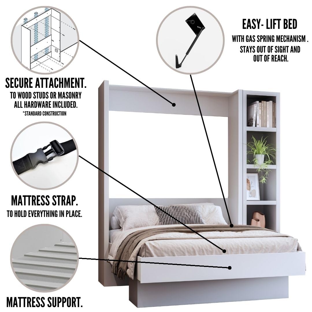 Oakland Living Easy-Lift Queen Murphy Wall Bed in Grey with Bookshelf