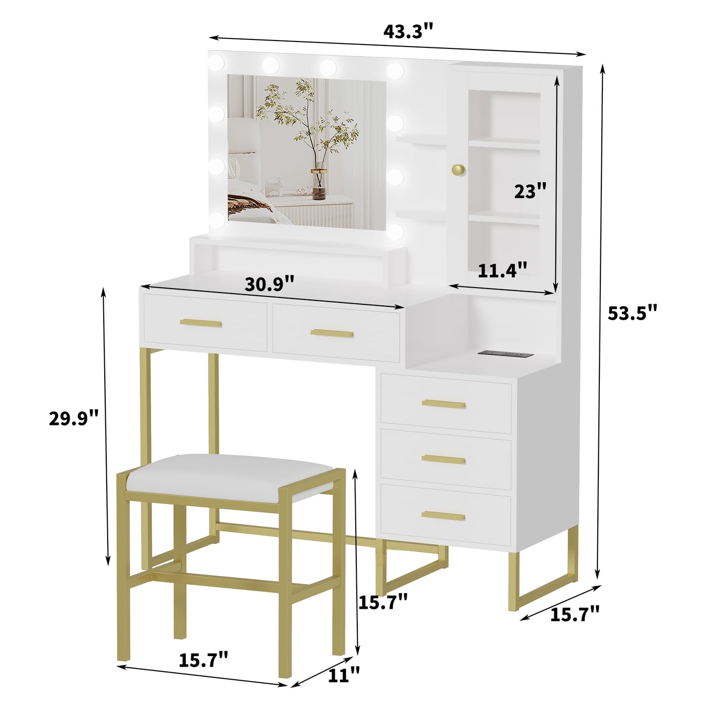 IDEALHOUSE Vanity Desk with Mirror and Lights, 43" Makeup Vanity Set with Stool, LED Lighted Mirror with 10 Bulbs, Drawers, Shelves & Charging Station, Dressing Table with Chair for Bedroom, White