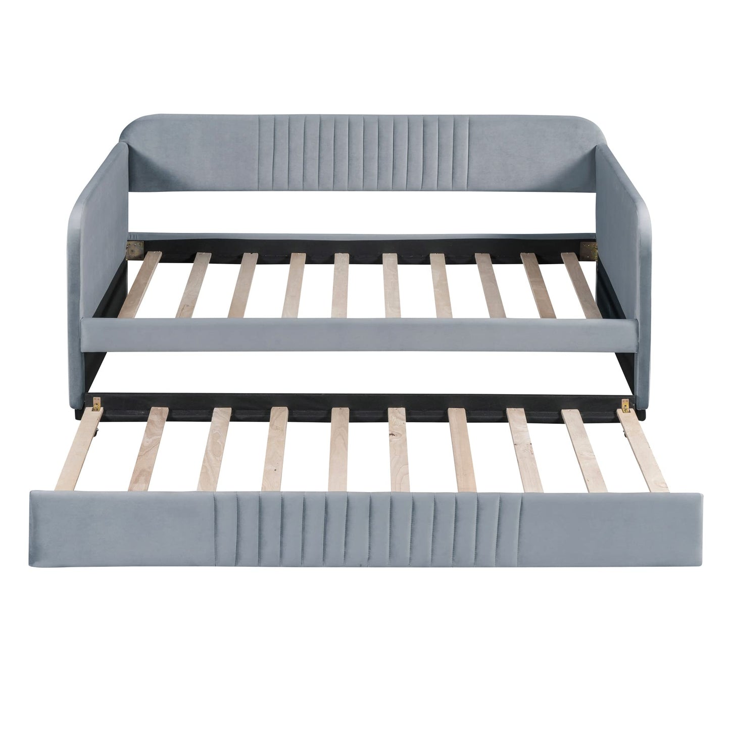 Merax Twin Size Upholstered Daybed with Trundle Bed and Wood Slat, Gray Velvet Sleeper Sofa Bed, No Box Spring Needed