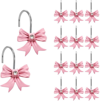12PCS Decorative Shower Curtain Hooks, Pink Bow Knot Resin Shower Rings for Bathroom Nursery Art