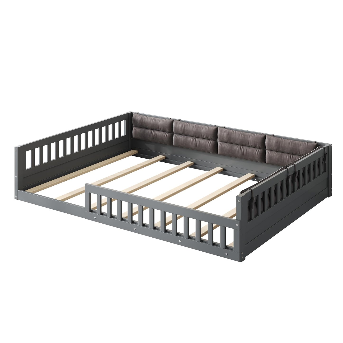 Merax Full Size Upholstered Platform Bed with Guardrail & Pillow, Solid Pine Wood Bed Frame, No Box Spring Needed, 600 lbs Capacity Safety Guaranteed Easy to Assemble for Bedroom, Gray