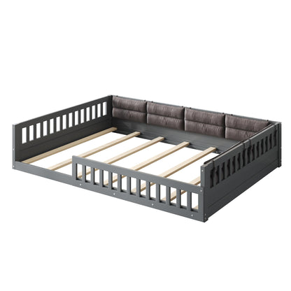 Merax Full Size Upholstered Platform Bed with Guardrail & Pillow, Solid Pine Wood Bed Frame, No Box Spring Needed, 600 lbs Capacity Safety Guaranteed Easy to Assemble for Bedroom, Gray
