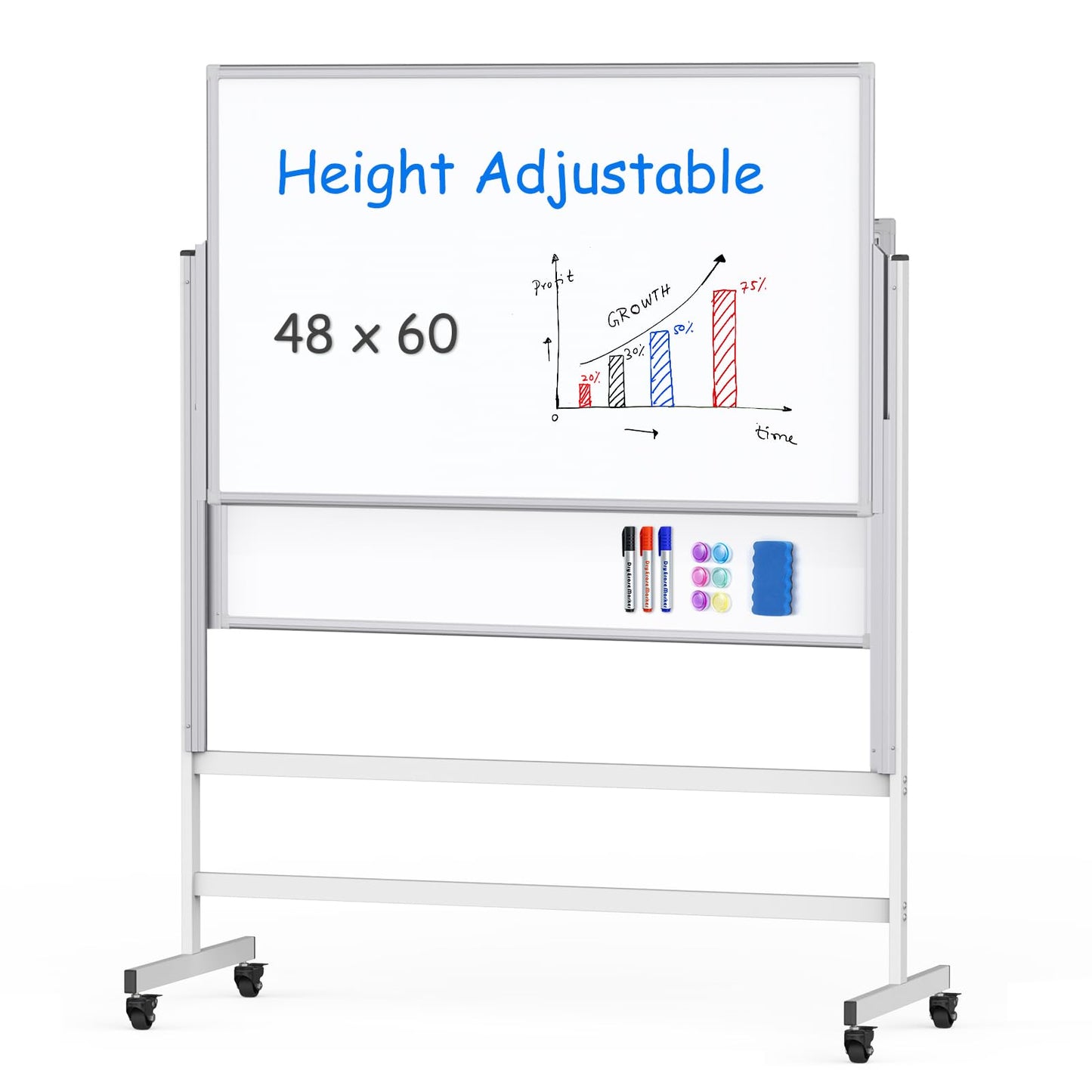 maxtek Dry Erase Whiteboard Height Adjustable, Easel Stand Rolling White Board on Wheels - 48 x 60 Large Mobile Dry Erase Board, 4' x 5' Double Sided Magnetic Whiteboard for School Office Home