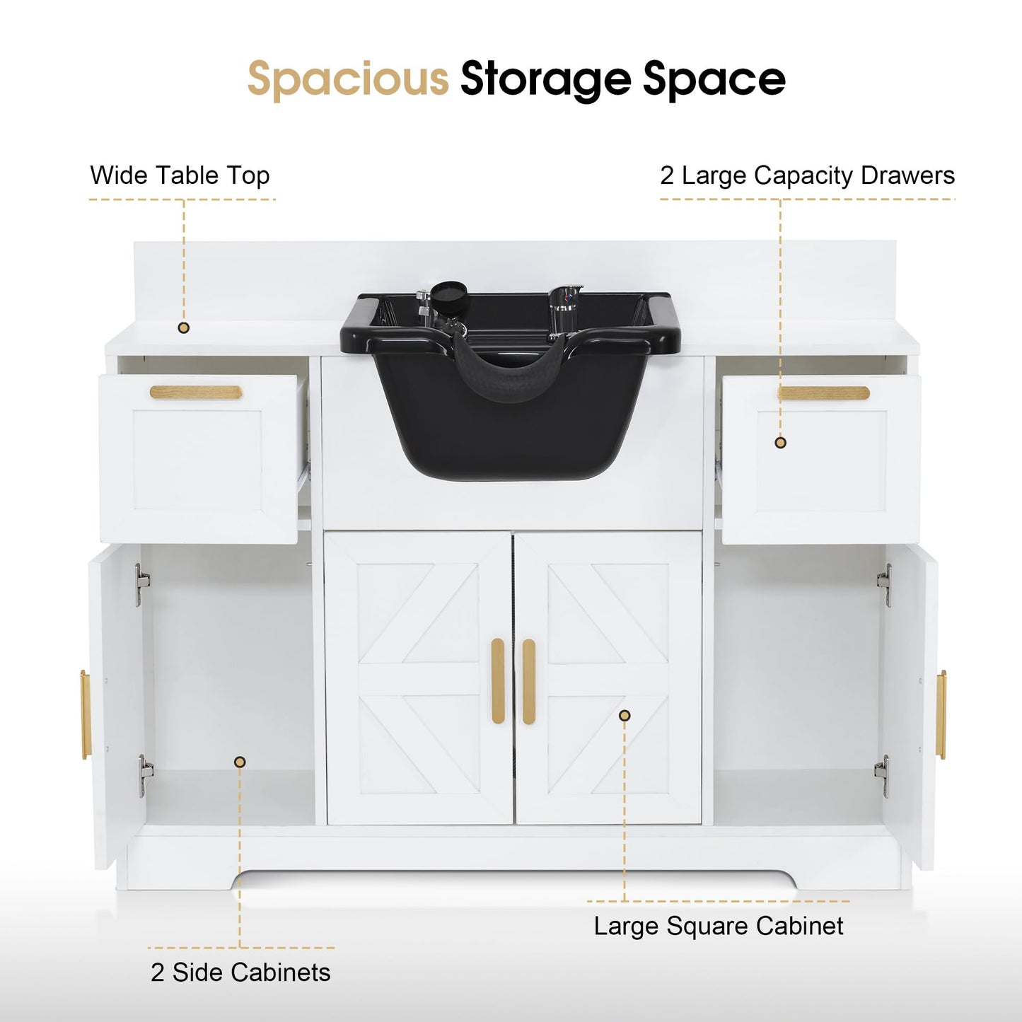 BarberPub Portable Shampoo Station, Shampoo Bowl with Cabinet & Drawer, Salon Geometric Finish Station with Sprayer Faucet, Barber Storage Equipment with Hair Wash Backwash Sink 3439 (White)
