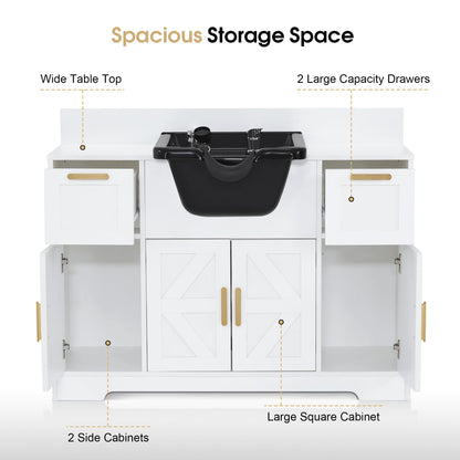 BarberPub Portable Shampoo Station, Shampoo Bowl with Cabinet & Drawer, Salon Geometric Finish Station with Sprayer Faucet, Barber Storage Equipment with Hair Wash Backwash Sink 3439 (White)