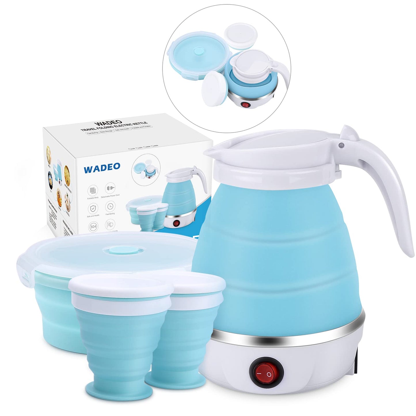 Portable Electric Kettle Travel Size, 600ML Small Foldable Tea Coffee Kettle with Collapsible Bowl and Cups, 5 Min Fast Water Boiling, BPA Free Food Grade Silicone, 110V 400W
