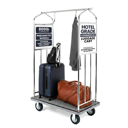 Wholesale Hotel Products Chrome Steel Luggage Cart – 800lb Capacity – Bellman Cart w/ 6” Air Filled Tires & Gray Carpet, for Hotel, Resorts, Condos, Commercial Use (Value Valet Series)
