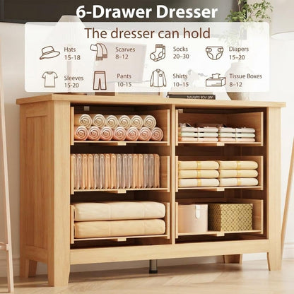 Garvee 6 Drawer Dresser for Bedroom, 47" Wide Natural Oak Chest of Drawers with Large Capacity Drawers & Sturdy Thickened Legs, Wooden Storage Organizer Closet for Living Room, Entryway, Natural