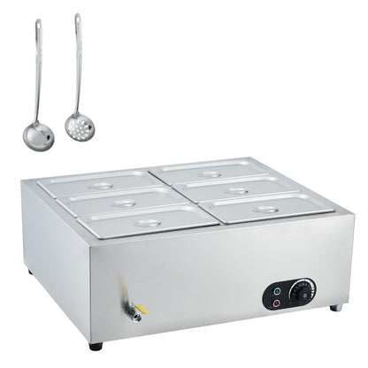 6-Pan Commercial Food Warmer, Portable Stainless Steel Countertop Buffet Server with Adjustable Temperature for Parties, Catering, and Home Gatherings