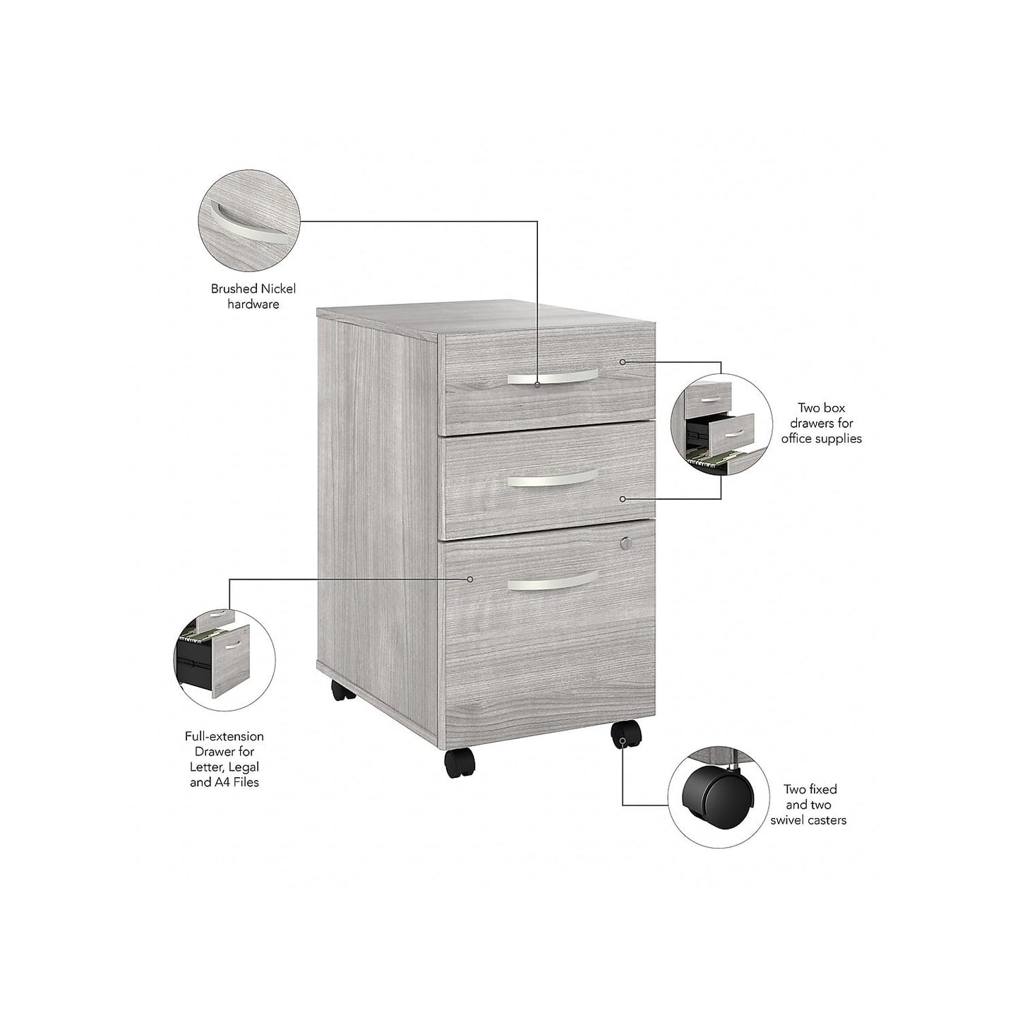 Bush Business Furniture Hybrid 3 Drawer Mobile File Cabinet-Assembled, Platinum Gray